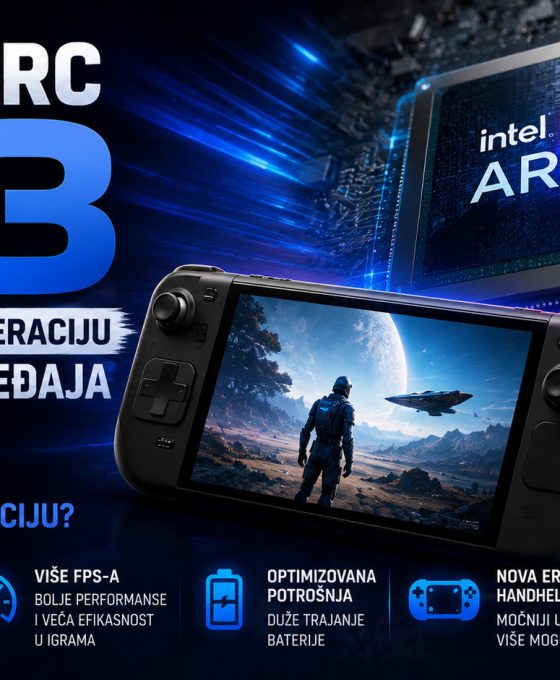 Intel Arc G3 grafika prikazana uz moderni handheld gejming uređaj, sa fokusom na performanse, energetsku efikasnost i potencijalnu konkurenciju Steam Deck platformi.