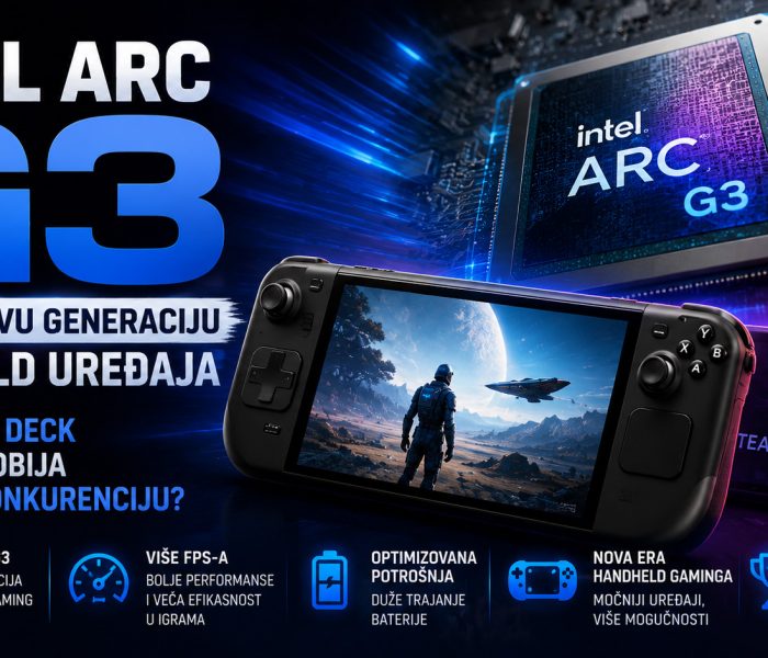Intel Arc G3 grafika prikazana uz moderni handheld gejming uređaj, sa fokusom na performanse, energetsku efikasnost i potencijalnu konkurenciju Steam Deck platformi.