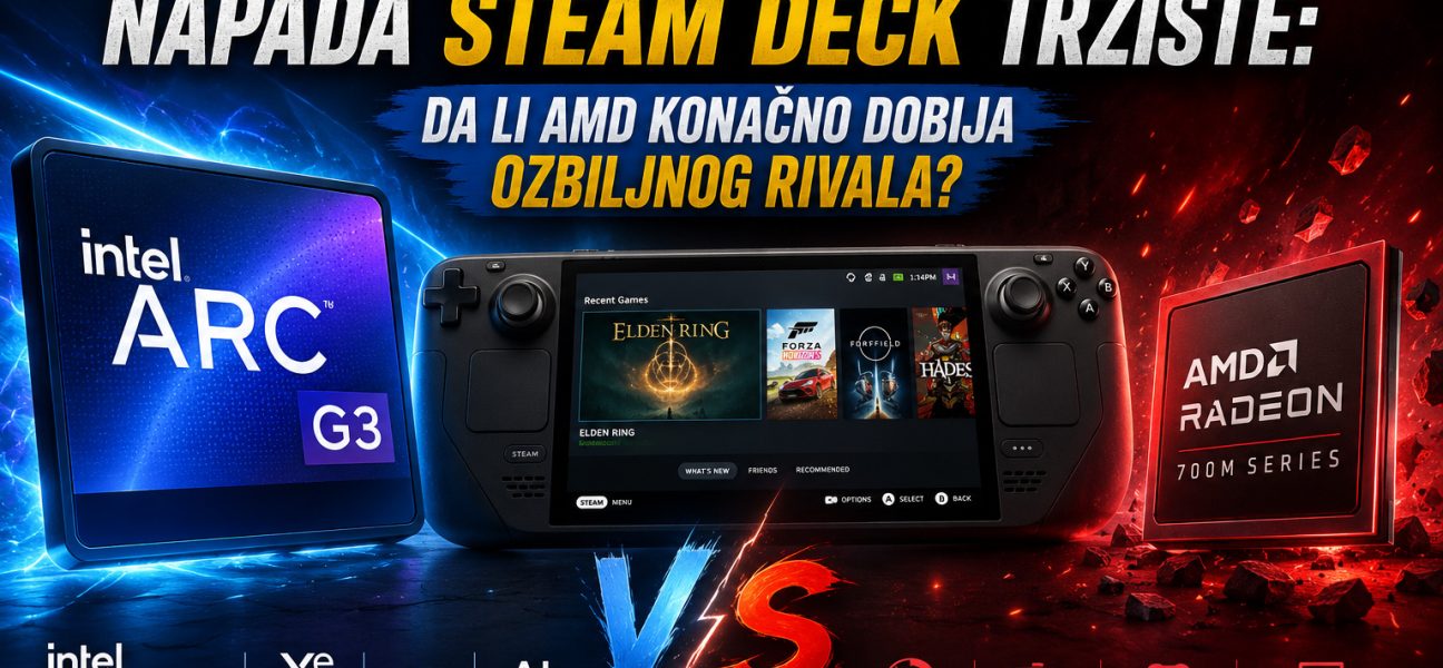 Intel Arc G3 i AMD Radeon procesori prikazani pored Steam Deck uređaja u vizuelnom poređenju performansi na tržištu handheld gejming konzola.
