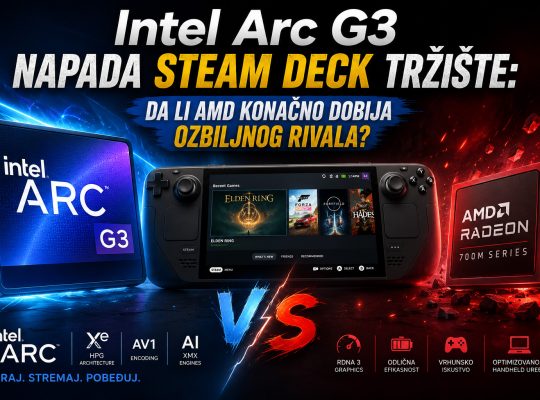Intel Arc G3 i AMD Radeon procesori prikazani pored Steam Deck uređaja u vizuelnom poređenju performansi na tržištu handheld gejming konzola.