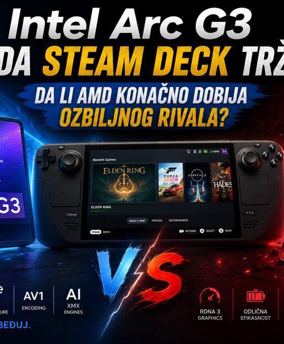 Intel Arc G3 i AMD Radeon procesori prikazani pored Steam Deck uređaja u vizuelnom poređenju performansi na tržištu handheld gejming konzola.