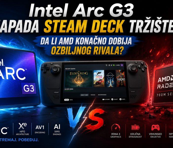 Intel Arc G3 i AMD Radeon procesori prikazani pored Steam Deck uređaja u vizuelnom poređenju performansi na tržištu handheld gejming konzola.