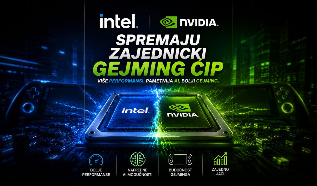 Intel i NVIDIA zajednički razvijaju novi gejming čip, futuristički prikaz procesora sa plavim i zelenim osvetljenjem na matičnoj ploči.