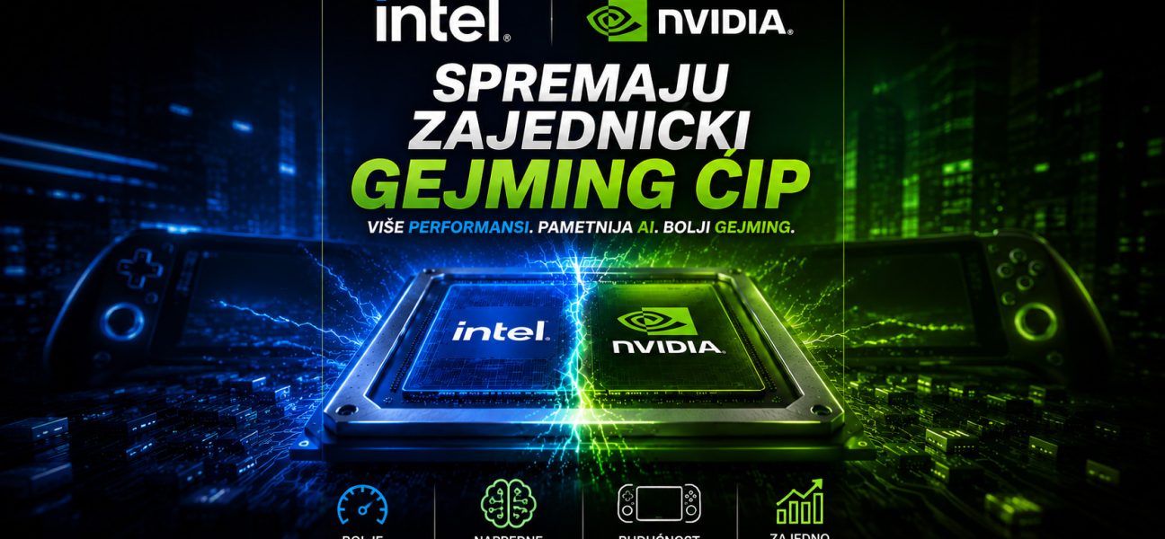 Intel i NVIDIA zajednički razvijaju novi gejming čip, futuristički prikaz procesora sa plavim i zelenim osvetljenjem na matičnoj ploči.