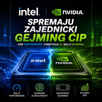 Intel i NVIDIA zajednički razvijaju novi gejming čip, futuristički prikaz procesora sa plavim i zelenim osvetljenjem na matičnoj ploči.