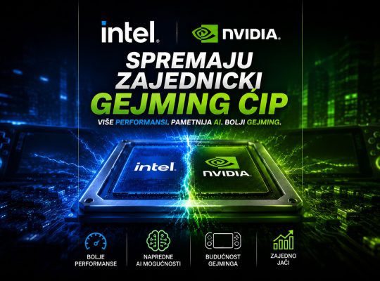 Intel i NVIDIA zajednički razvijaju novi gejming čip, futuristički prikaz procesora sa plavim i zelenim osvetljenjem na matičnoj ploči.