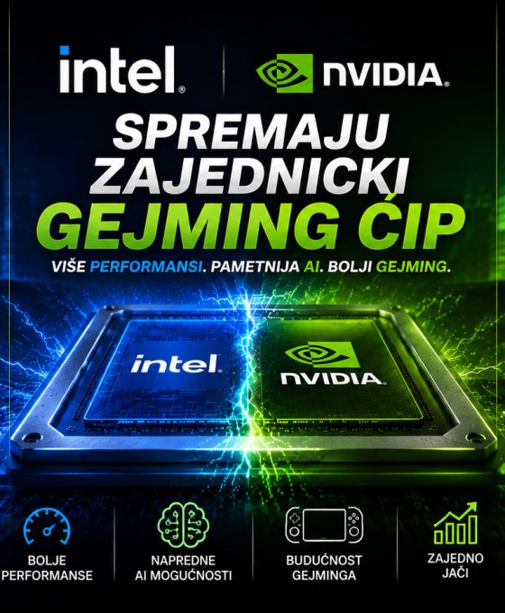 Intel i NVIDIA zajednički razvijaju novi gejming čip, futuristički prikaz procesora sa plavim i zelenim osvetljenjem na matičnoj ploči.