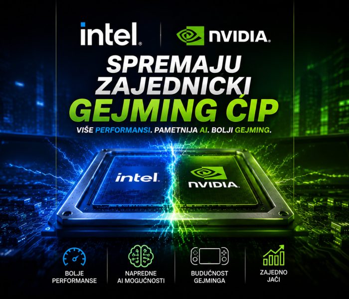 Intel i NVIDIA zajednički razvijaju novi gejming čip, futuristički prikaz procesora sa plavim i zelenim osvetljenjem na matičnoj ploči.