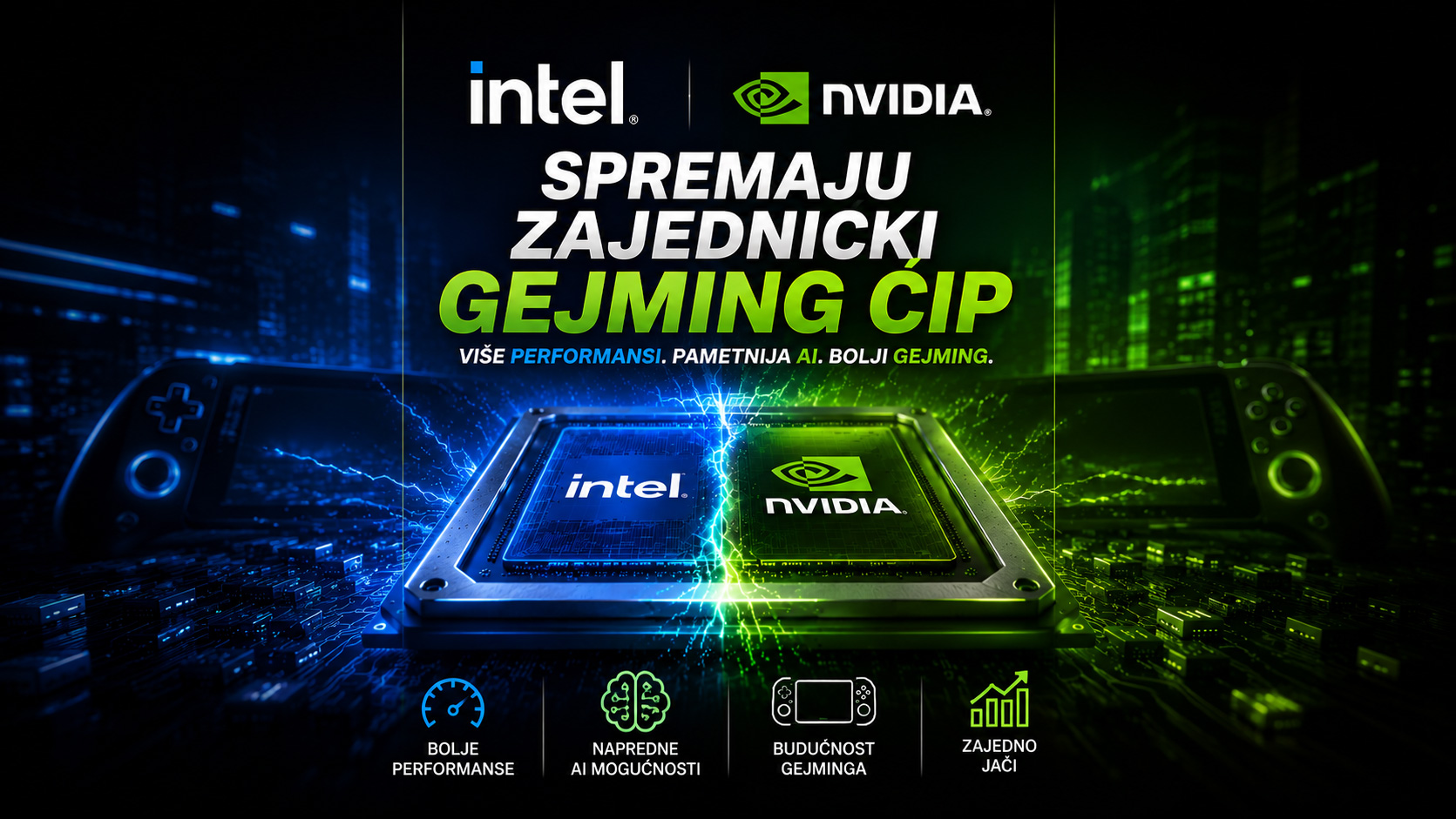 Intel i NVIDIA zajednički razvijaju novi gejming čip, futuristički prikaz procesora sa plavim i zelenim osvetljenjem na matičnoj ploči.