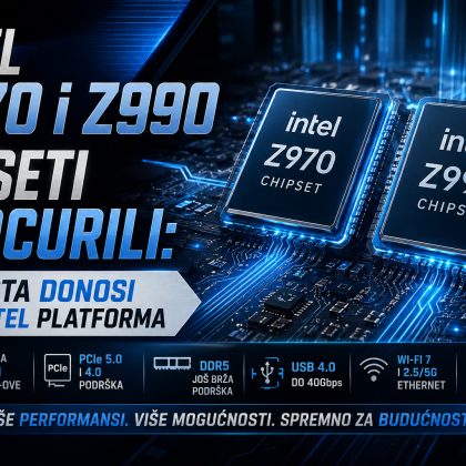 Intel Z970 i Z990 čipseti prikazani na futurističnoj matičnoj ploči sa plavim osvetljenjem i elementima koji naglašavaju nove funkcije buduće Intel platforme.