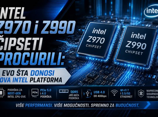 Intel Z970 i Z990 čipseti prikazani na futurističnoj matičnoj ploči sa plavim osvetljenjem i elementima koji naglašavaju nove funkcije buduće Intel platforme.