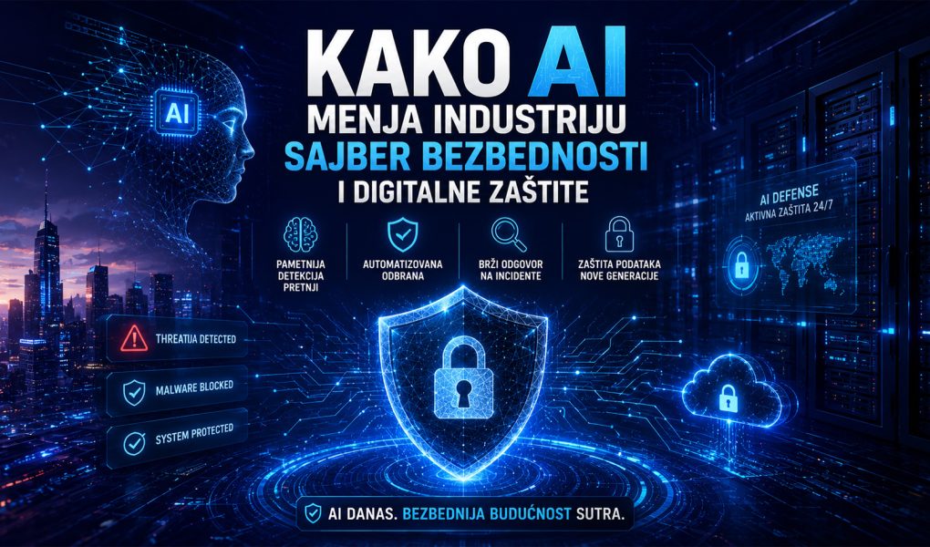 AI u sajber bezbednosti prikazan kroz digitalni štit, veštačku inteligenciju, server infrastrukturu i automatizovanu zaštitu od sajber pretnji.