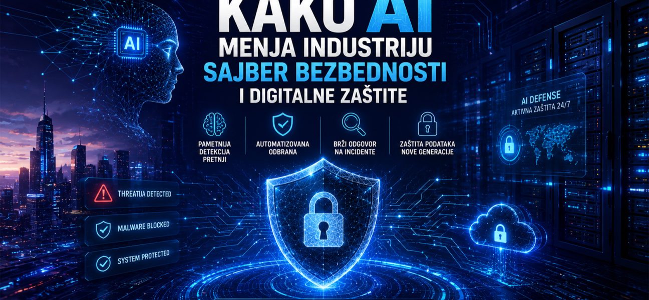 AI u sajber bezbednosti prikazan kroz digitalni štit, veštačku inteligenciju, server infrastrukturu i automatizovanu zaštitu od sajber pretnji.