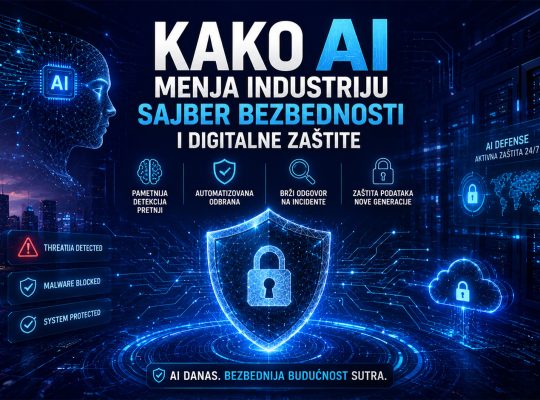AI u sajber bezbednosti prikazan kroz digitalni štit, veštačku inteligenciju, server infrastrukturu i automatizovanu zaštitu od sajber pretnji.
