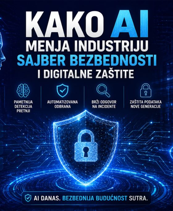 AI u sajber bezbednosti prikazan kroz digitalni štit, veštačku inteligenciju, server infrastrukturu i automatizovanu zaštitu od sajber pretnji.