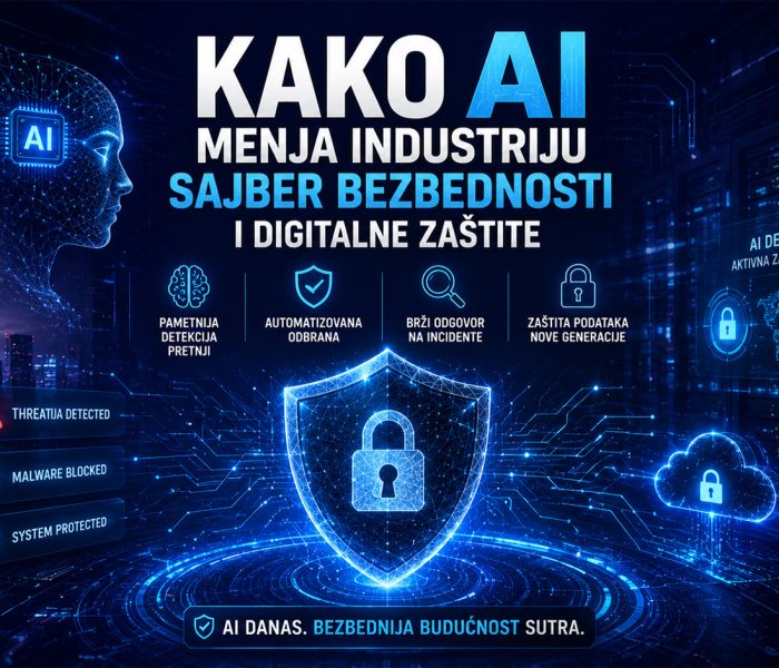 AI u sajber bezbednosti prikazan kroz digitalni štit, veštačku inteligenciju, server infrastrukturu i automatizovanu zaštitu od sajber pretnji.