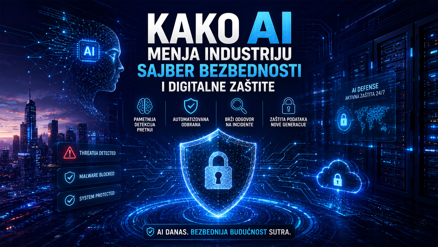 AI u sajber bezbednosti prikazan kroz digitalni štit, veštačku inteligenciju, server infrastrukturu i automatizovanu zaštitu od sajber pretnji.