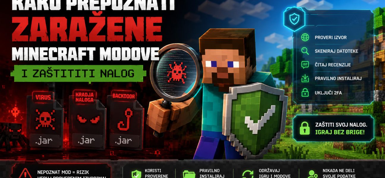Minecraft igrač proverava sumnjive modove pomoću lupe dok su sa jedne strane prikazane pretnje poput virusa, krađe naloga i backdoor malvera, a sa druge saveti za zaštitu Minecraft naloga.