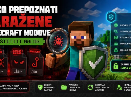 Minecraft igrač proverava sumnjive modove pomoću lupe dok su sa jedne strane prikazane pretnje poput virusa, krađe naloga i backdoor malvera, a sa druge saveti za zaštitu Minecraft naloga.