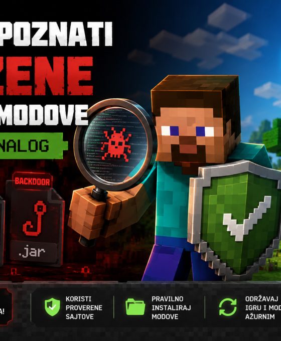 Minecraft igrač proverava sumnjive modove pomoću lupe dok su sa jedne strane prikazane pretnje poput virusa, krađe naloga i backdoor malvera, a sa druge saveti za zaštitu Minecraft naloga.