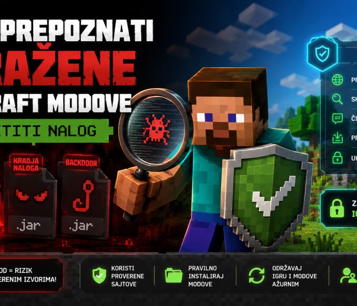 Minecraft igrač proverava sumnjive modove pomoću lupe dok su sa jedne strane prikazane pretnje poput virusa, krađe naloga i backdoor malvera, a sa druge saveti za zaštitu Minecraft naloga.