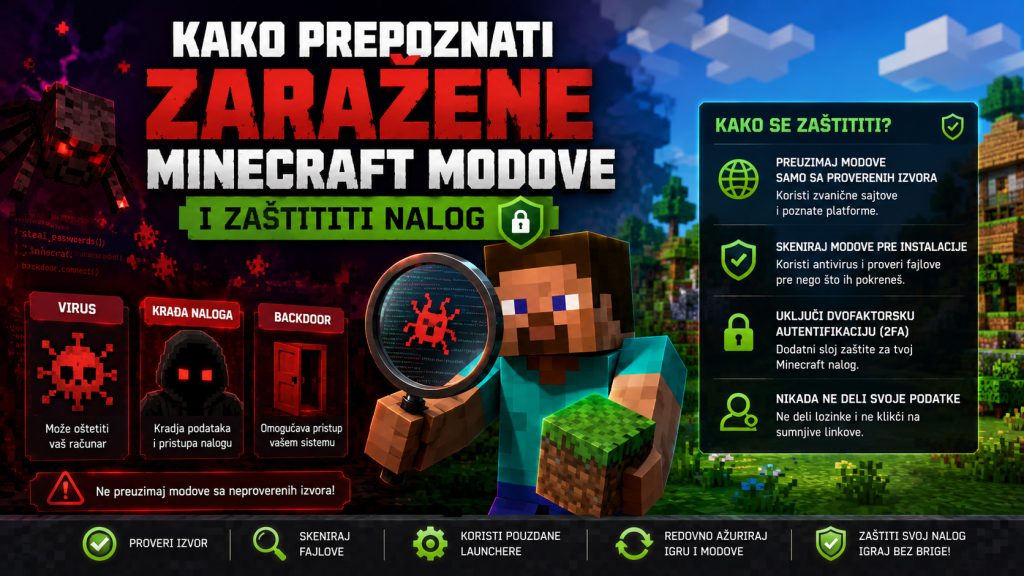 Minecraft igrač proverava sumnjiv mod pomoću lupe dok su prikazane pretnje poput virusa, krađe naloga i backdoor malvera, uz savete za zaštitu Minecraft naloga i bezbedno preuzimanje modova.