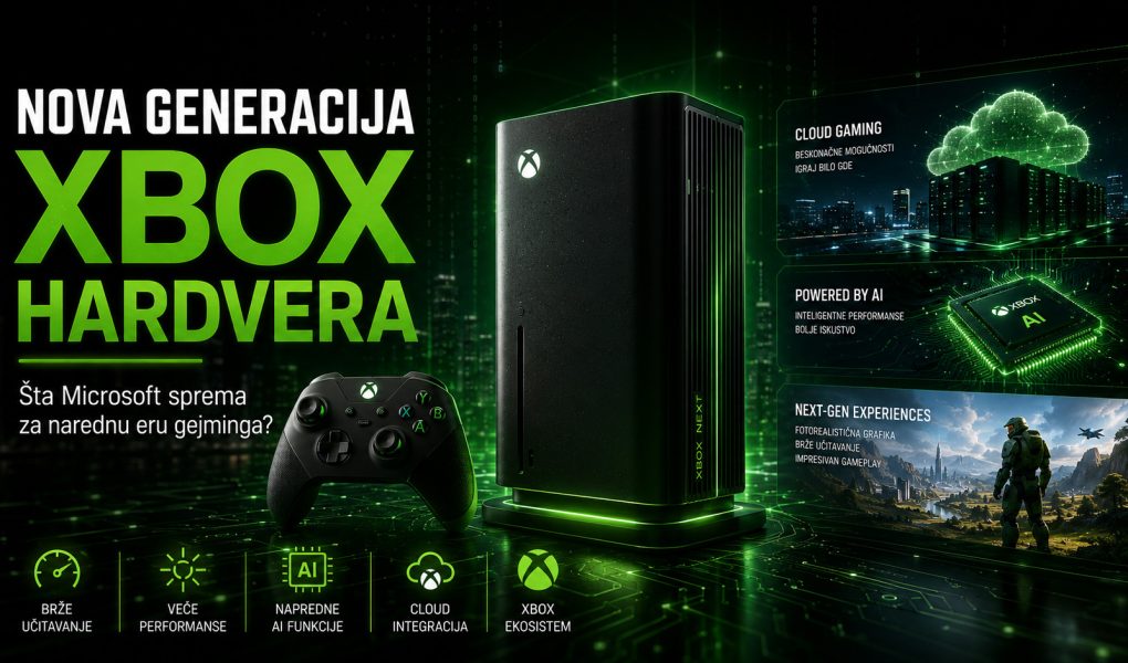 Nova generacija Xbox hardvera sa futurističkom konzolom, AI tehnologijama i cloud gejming elementima koji predstavljaju budućnost Microsoft gejming ekosistema.