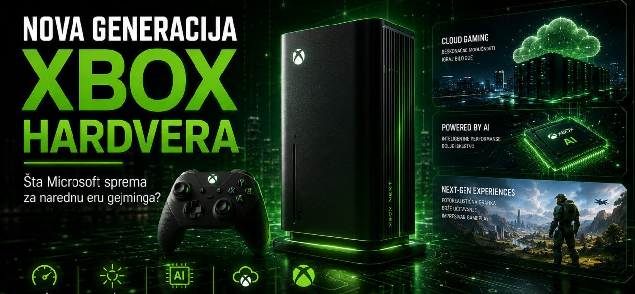 Nova generacija Xbox hardvera sa futurističkom konzolom, AI tehnologijama i cloud gejming elementima koji predstavljaju budućnost Microsoft gejming ekosistema.