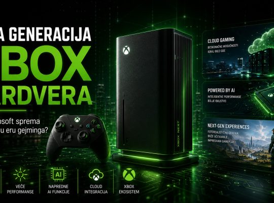 Nova generacija Xbox hardvera sa futurističkom konzolom, AI tehnologijama i cloud gejming elementima koji predstavljaju budućnost Microsoft gejming ekosistema.