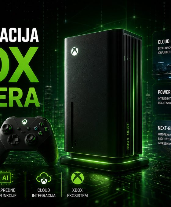 Nova generacija Xbox hardvera sa futurističkom konzolom, AI tehnologijama i cloud gejming elementima koji predstavljaju budućnost Microsoft gejming ekosistema.