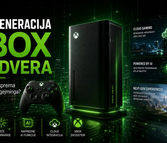 Nova generacija Xbox hardvera sa futurističkom konzolom, AI tehnologijama i cloud gejming elementima koji predstavljaju budućnost Microsoft gejming ekosistema.