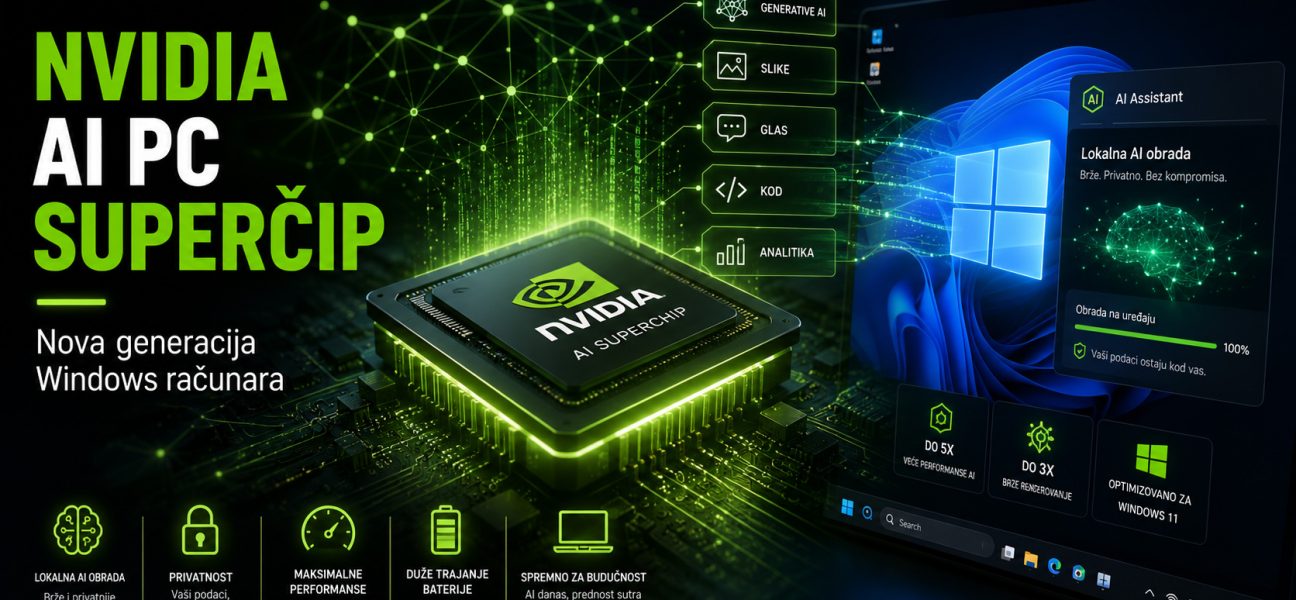 NVIDIA AI PC superčip za Windows računare sa futurističkim procesorom i AI mrežom koja simbolizuje lokalnu obradu veštačke inteligencije.