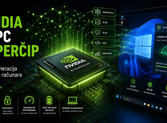 NVIDIA AI PC superčip za Windows računare sa futurističkim procesorom i AI mrežom koja simbolizuje lokalnu obradu veštačke inteligencije.