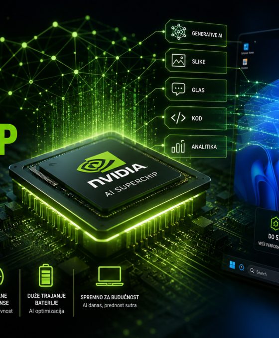 NVIDIA AI PC superčip za Windows računare sa futurističkim procesorom i AI mrežom koja simbolizuje lokalnu obradu veštačke inteligencije.