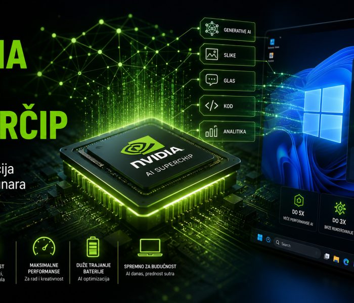 NVIDIA AI PC superčip za Windows računare sa futurističkim procesorom i AI mrežom koja simbolizuje lokalnu obradu veštačke inteligencije.