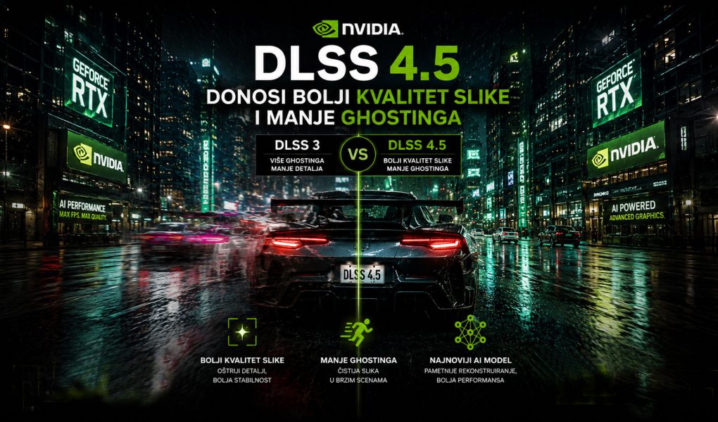 NVIDIA DLSS 4.5 prikaz poređenja kvaliteta slike u video igri, sa smanjenim ghosting efektom, oštrijim detaljima i poboljšanom AI rekonstrukcijom slike.