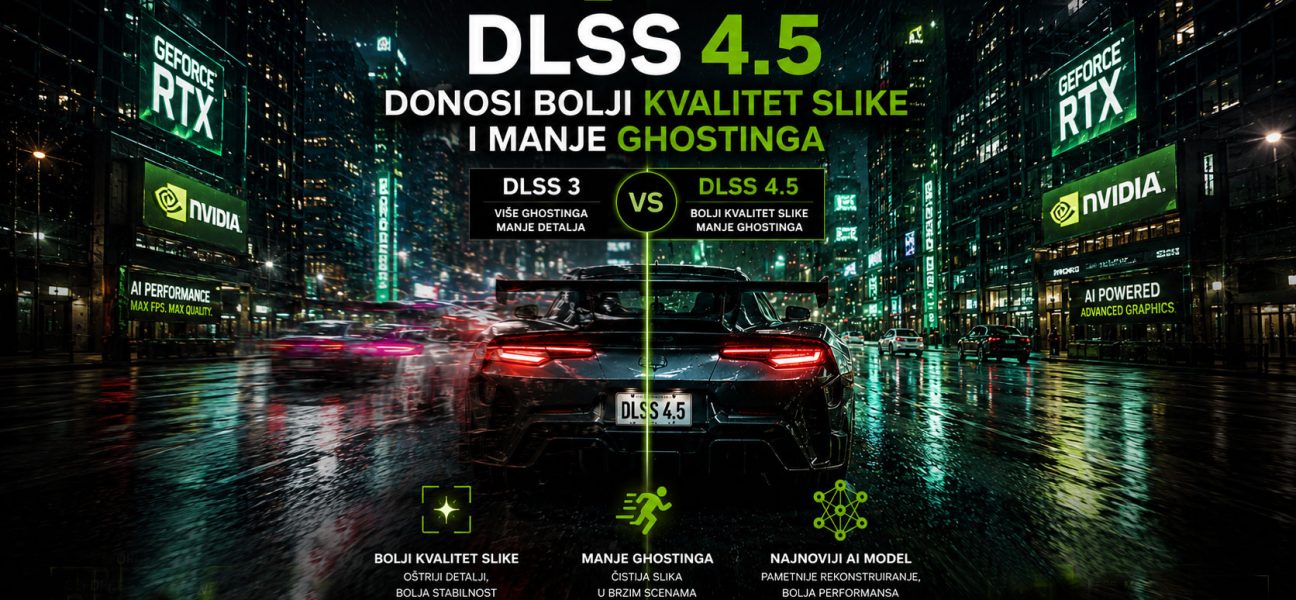NVIDIA DLSS 4.5 prikaz poređenja kvaliteta slike u video igri, sa smanjenim ghosting efektom, oštrijim detaljima i poboljšanom AI rekonstrukcijom slike.