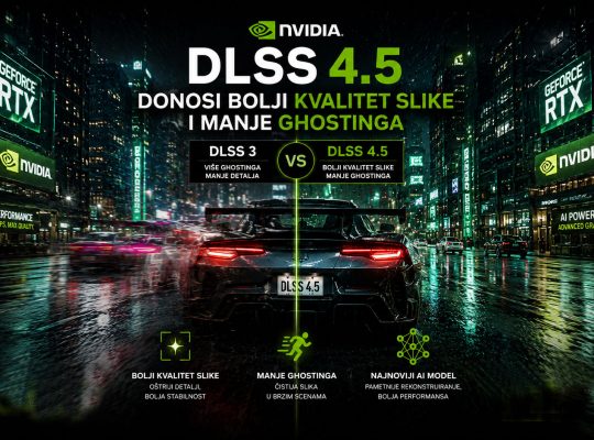 NVIDIA DLSS 4.5 prikaz poređenja kvaliteta slike u video igri, sa smanjenim ghosting efektom, oštrijim detaljima i poboljšanom AI rekonstrukcijom slike.
