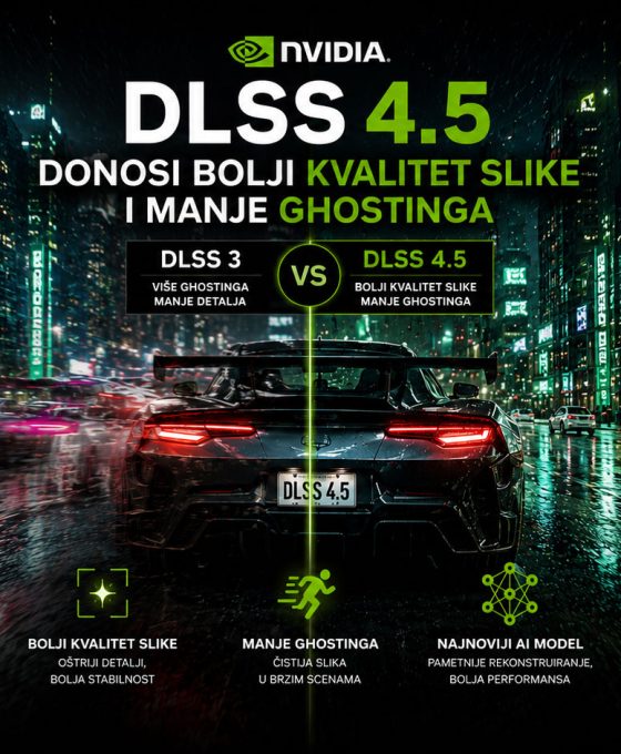 NVIDIA DLSS 4.5 prikaz poređenja kvaliteta slike u video igri, sa smanjenim ghosting efektom, oštrijim detaljima i poboljšanom AI rekonstrukcijom slike.