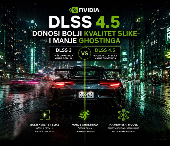NVIDIA DLSS 4.5 prikaz poređenja kvaliteta slike u video igri, sa smanjenim ghosting efektom, oštrijim detaljima i poboljšanom AI rekonstrukcijom slike.