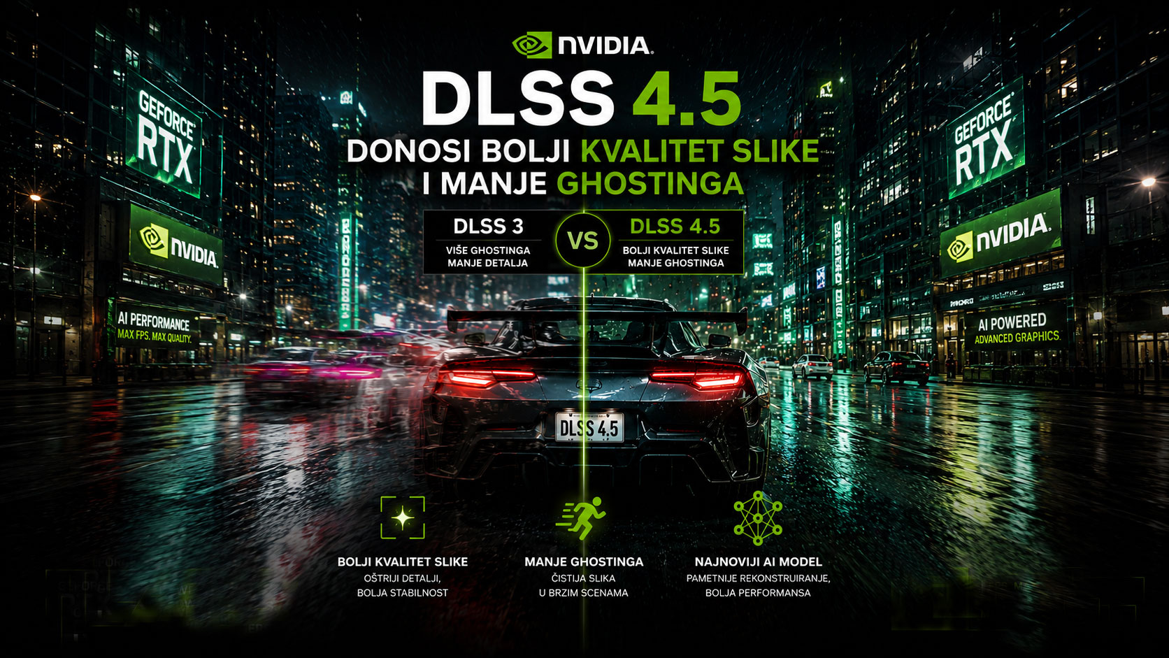 NVIDIA DLSS 4.5 prikaz poređenja kvaliteta slike u video igri, sa smanjenim ghosting efektom, oštrijim detaljima i poboljšanom AI rekonstrukcijom slike.
