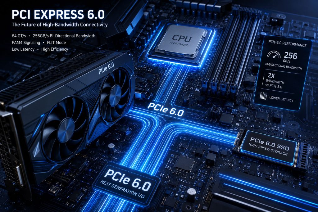 Futuristička vizualizacija PCI Express 6.0 tehnologije sa matičnom pločom, procesorom, grafičkom kartom i SSD uređajem povezanim svetlećim linijama za prenos podataka.