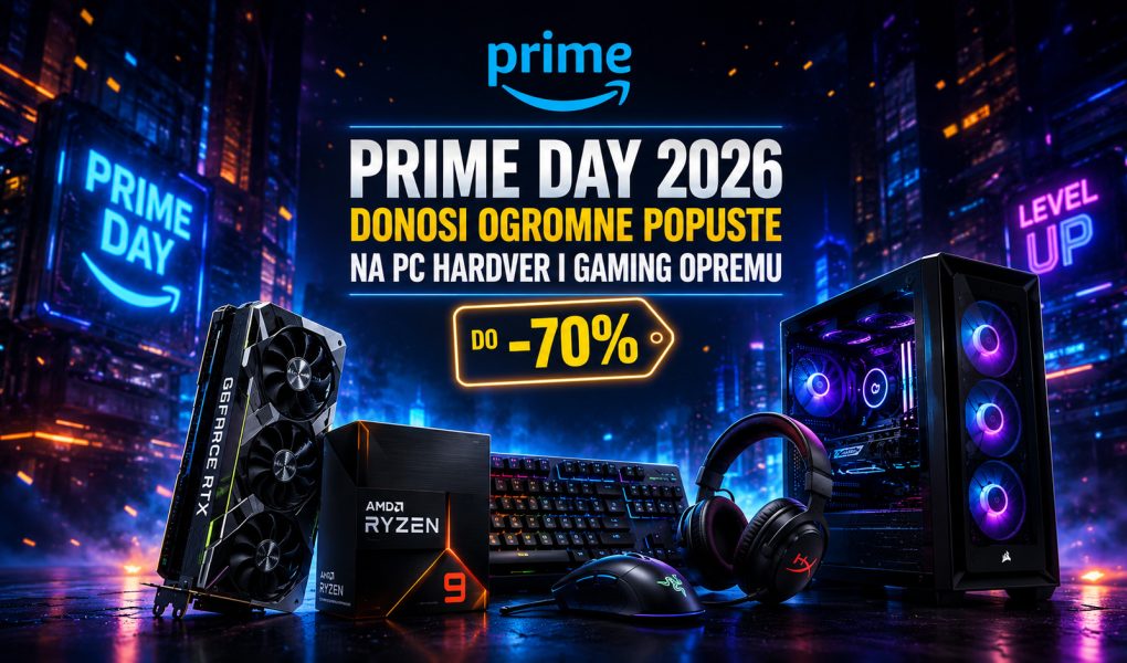 Prime Day 2026 baner sa velikim popustima na PC hardver i gaming opremu, uključujući grafičku kartu, Ryzen procesor, gejming računar, tastaturu, miš i slušalice u futurističkom RGB okruženju.