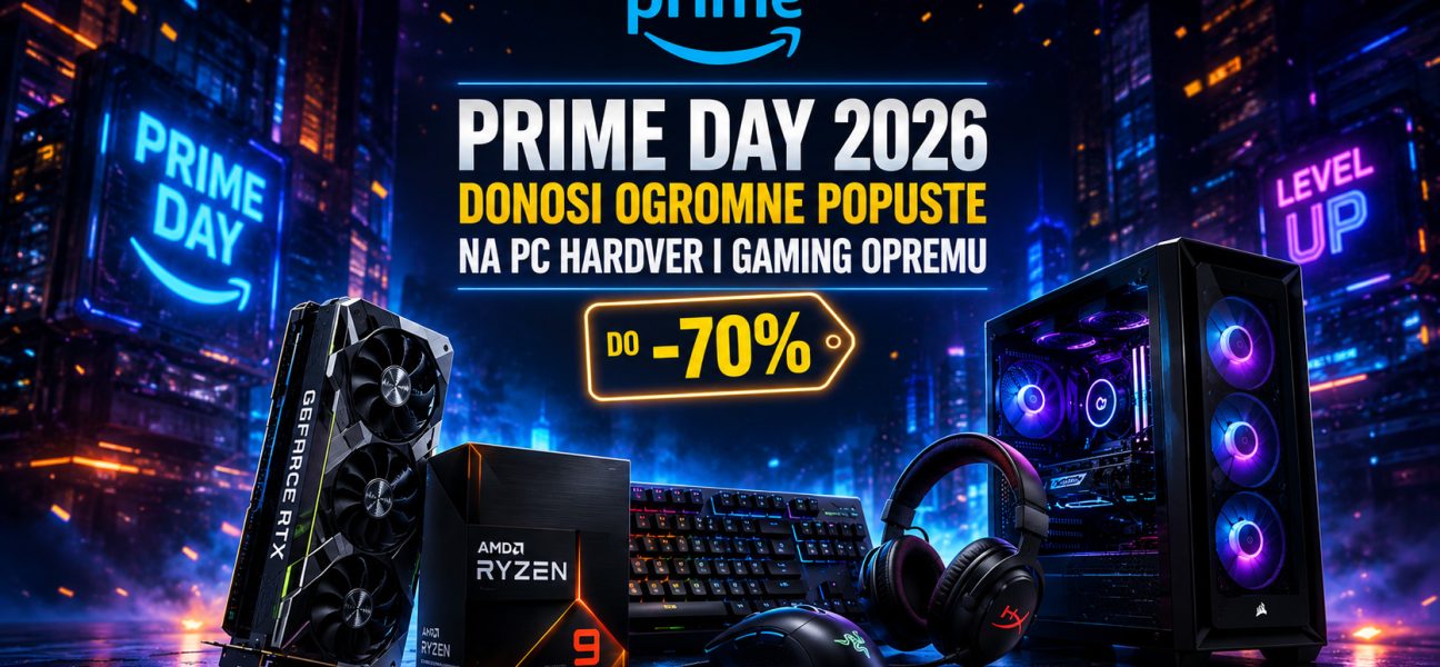 Prime Day 2026 baner sa velikim popustima na PC hardver i gaming opremu, uključujući grafičku kartu, Ryzen procesor, gejming računar, tastaturu, miš i slušalice u futurističkom RGB okruženju.