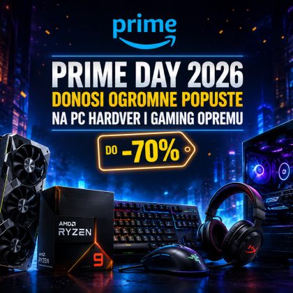 Prime Day 2026 baner sa velikim popustima na PC hardver i gaming opremu, uključujući grafičku kartu, Ryzen procesor, gejming računar, tastaturu, miš i slušalice u futurističkom RGB okruženju.