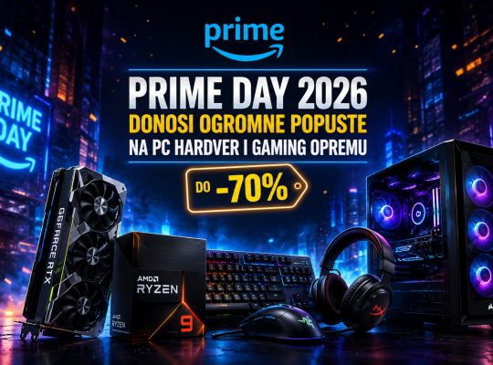 Prime Day 2026 baner sa velikim popustima na PC hardver i gaming opremu, uključujući grafičku kartu, Ryzen procesor, gejming računar, tastaturu, miš i slušalice u futurističkom RGB okruženju.
