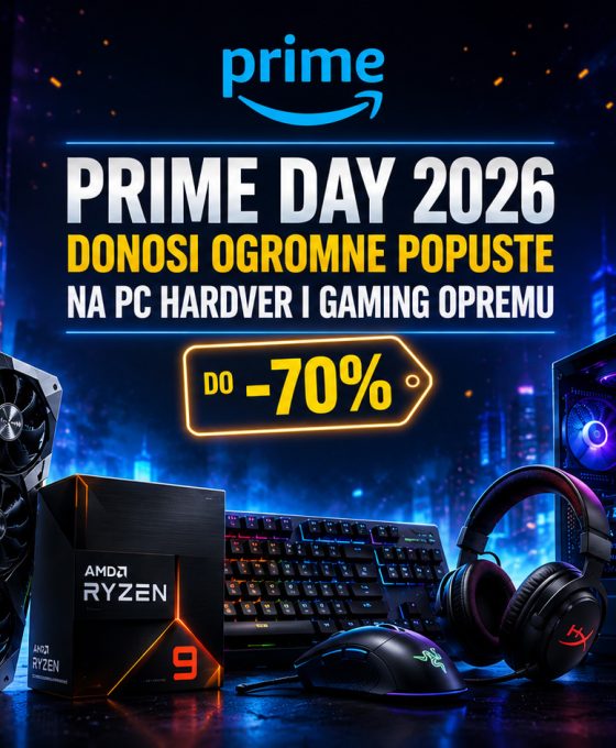 Prime Day 2026 baner sa velikim popustima na PC hardver i gaming opremu, uključujući grafičku kartu, Ryzen procesor, gejming računar, tastaturu, miš i slušalice u futurističkom RGB okruženju.
