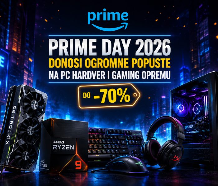 Prime Day 2026 baner sa velikim popustima na PC hardver i gaming opremu, uključujući grafičku kartu, Ryzen procesor, gejming računar, tastaturu, miš i slušalice u futurističkom RGB okruženju.