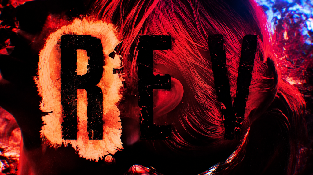 Resident Evil Veronica teaser sa crveno osvetljenim likom u pozadini i velikim stilizovanim REV slovima u prvom planu.