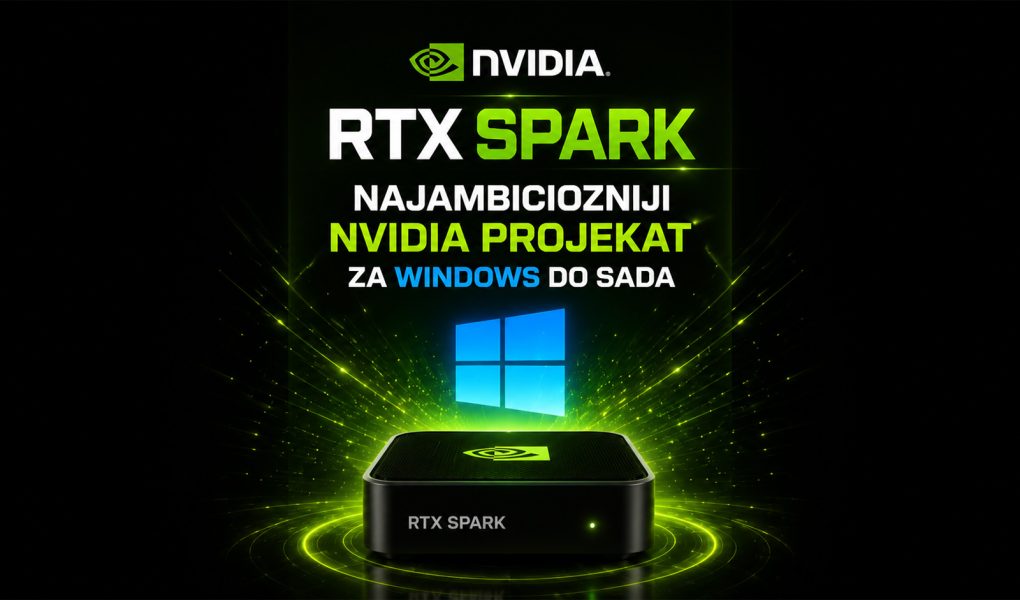 RTX Spark AI računar kompanije NVIDIA prikazan ispred Windows okruženja sa AI aplikacijama i futurističkim zelenim svetlosnim efektima.